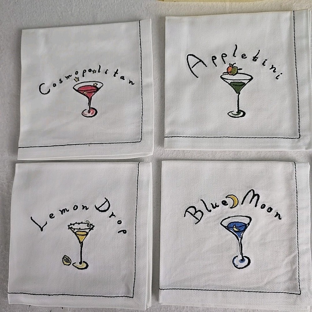 Pottery‎ Barn VTG Embroidered Martini 8 Cocktail Napkins Party